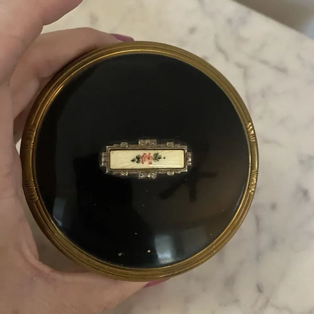 Vintage Art Deco Glass Bottomed Dresser Jar Box Trinket Pink Rose Black Lid